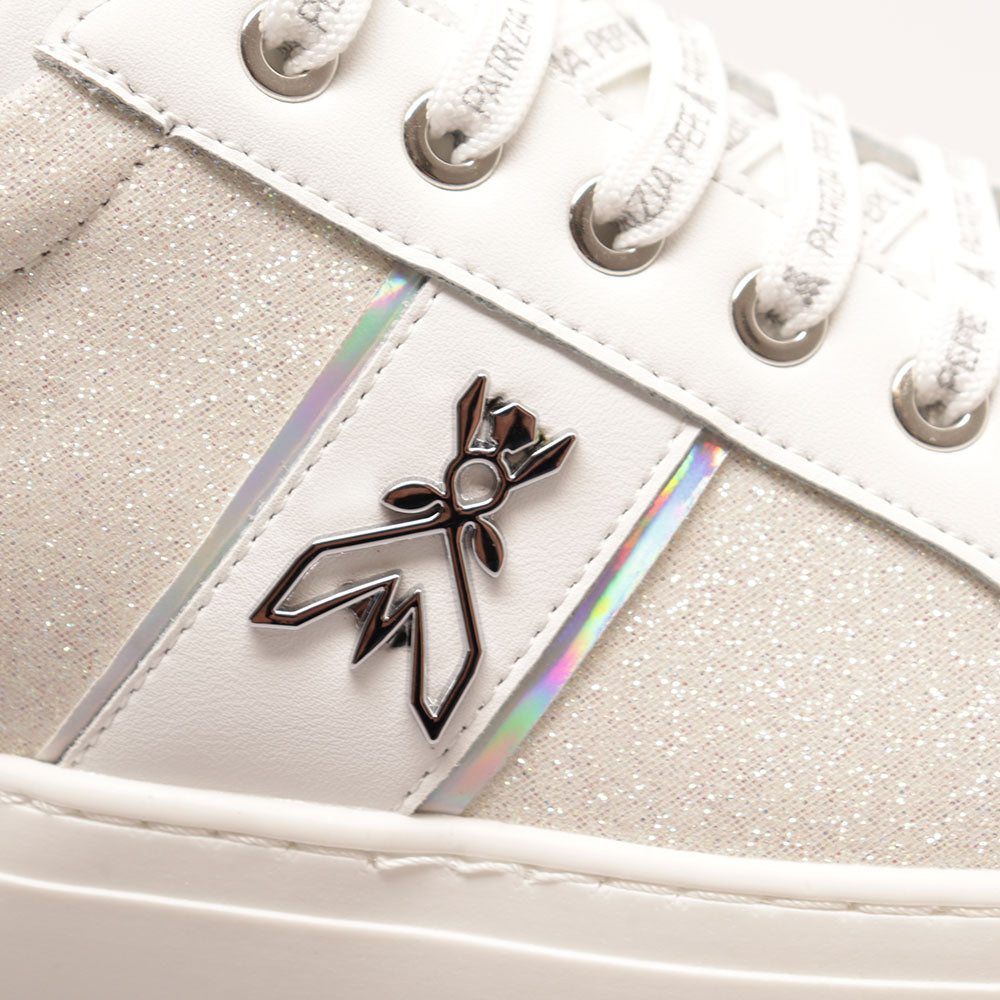 Sneakers Platform PATRIZIA PEPE Girl linea Flyglitter in Pelle e Glitter Bianco Argento