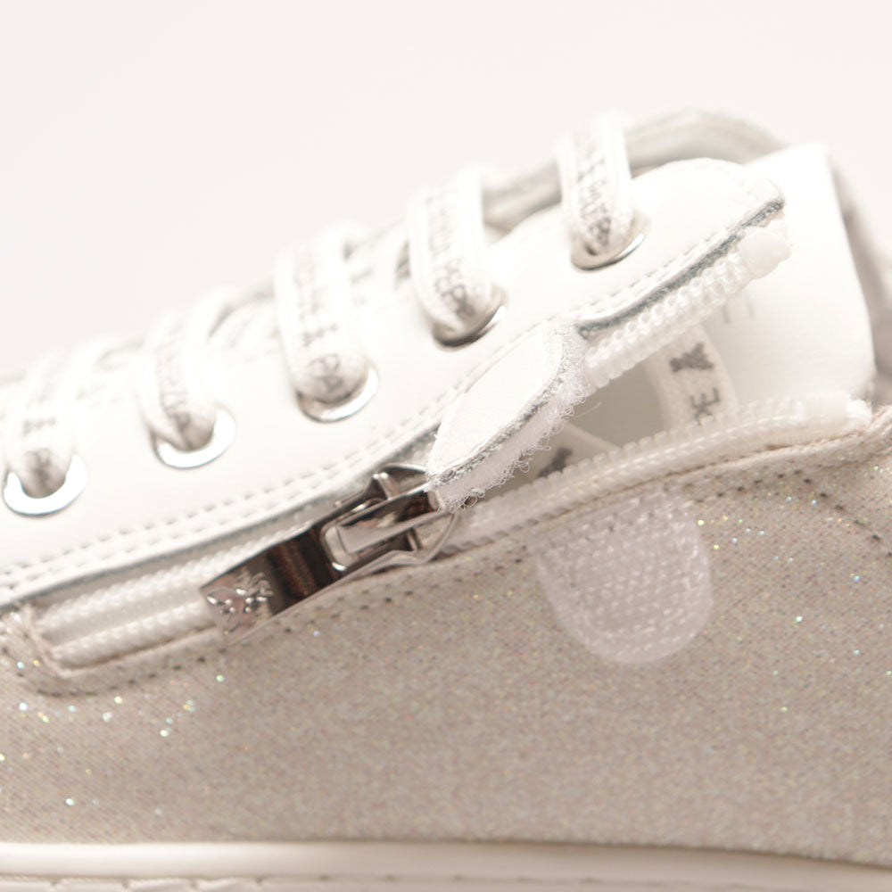 Sneakers Platform PATRIZIA PEPE Girl linea Flyglitter in Pelle e Glitter Bianco Argento