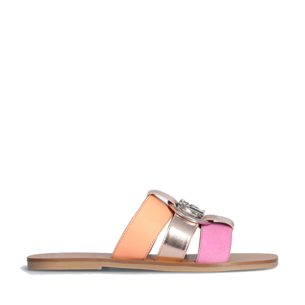 LIU JO Saba 08
Flache Hausschuhe aus Leder und Wildleder mit Einsätzen in Puderlachs und rosa Metallic