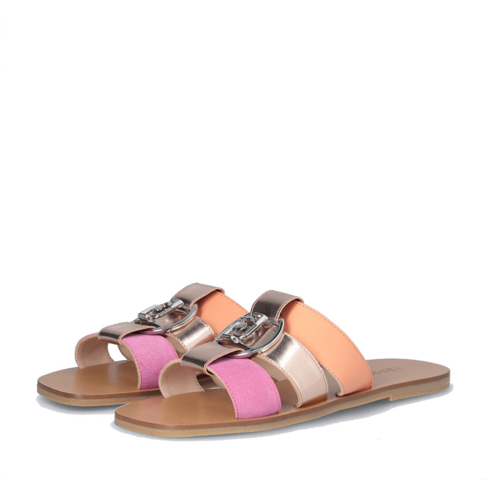 LIU JO Saba 08
Flache Hausschuhe aus Leder und Wildleder mit Einsätzen in Puderlachs und rosa Metallic