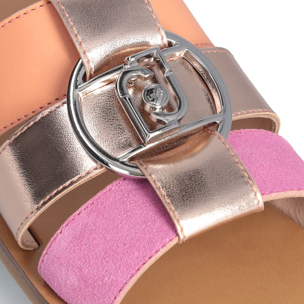 LIU JO Saba 08
Flache Hausschuhe aus Leder und Wildleder mit Einsätzen in Puderlachs und rosa Metallic