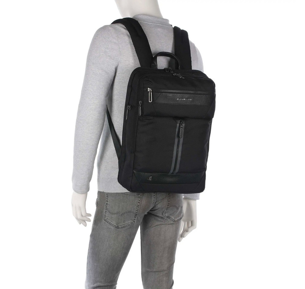 PIQUADRO Herren-Rucksack aus schwarzem Leder und Stoff, 15,6-Zoll-Laptop- und iPad-Halterung, Trakai-Linie – CA5525W109