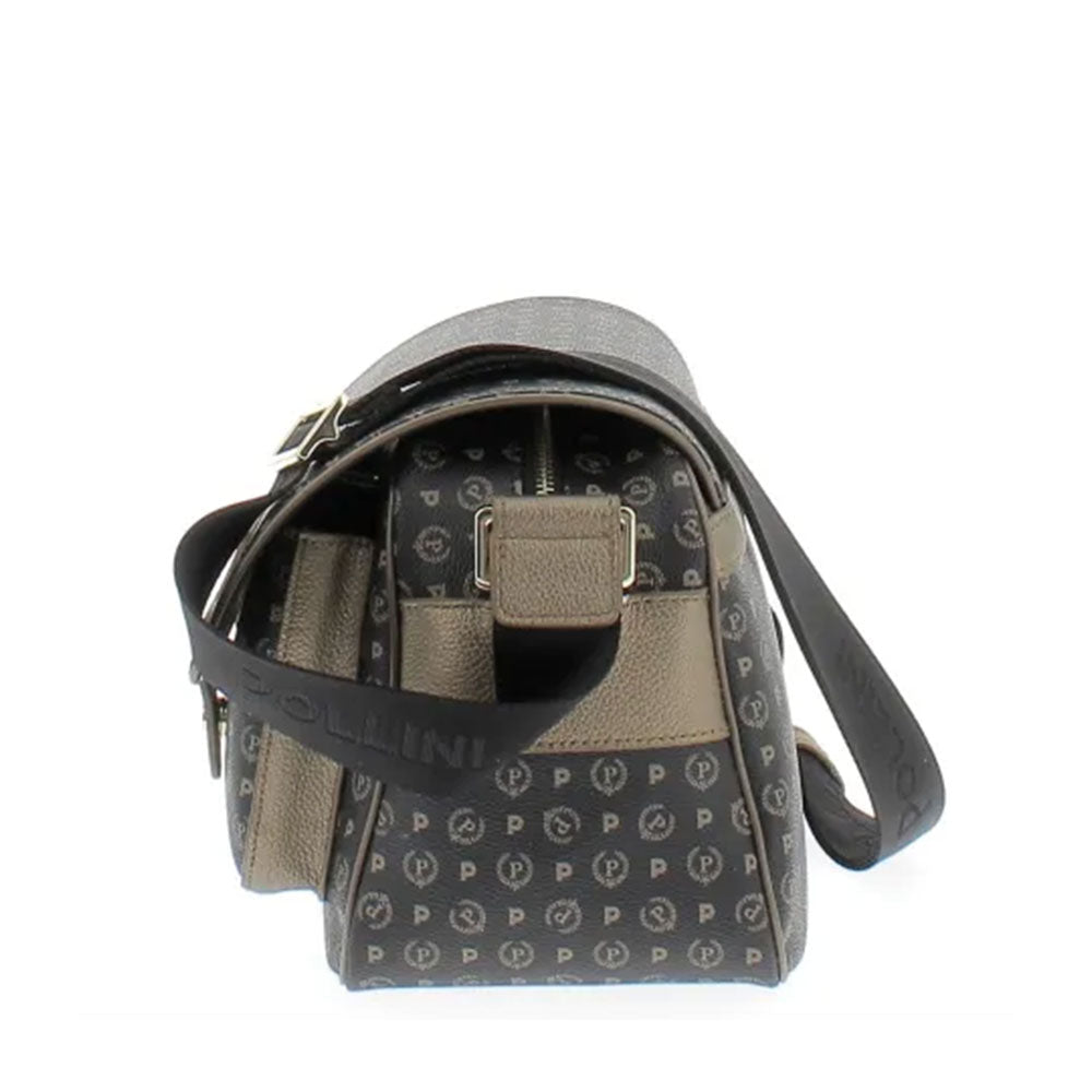 Borsa Donna Messenger Multitasche POLLINI Linea Heritage Logo Classic Nero e Bronzo
