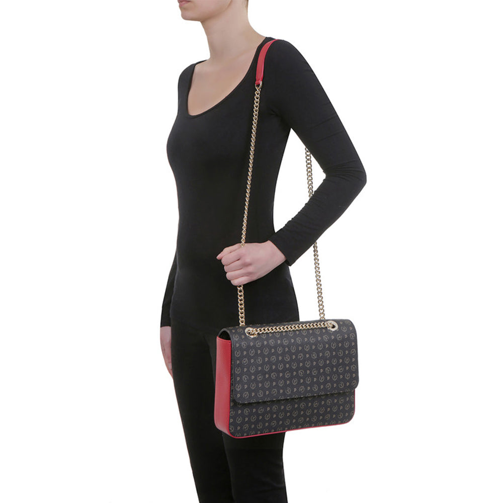 Borsa Donna a Spalla e Tracolla POLLINI Linea Heritage Logo Classic Nero e Lacca