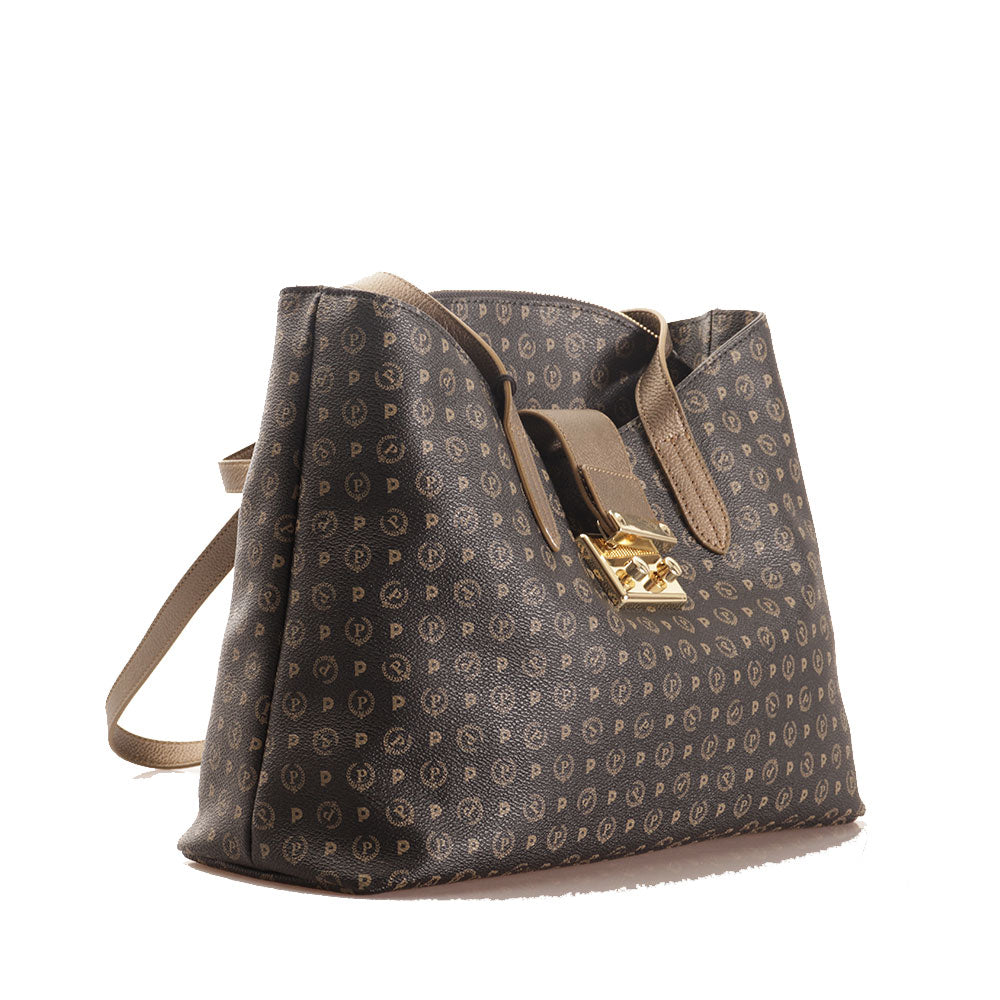 Borsa Donna a Spalla POLLINI linea Heritage Logo Classic Nero e Bronzo