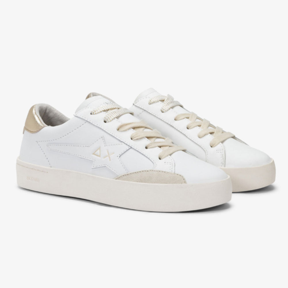 Sun68 Damen Katy Leder-Sneakers aus weißem und goldenem Leder – Z35225