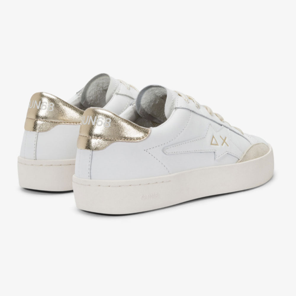 Sun68 Damen Katy Leder-Sneakers aus weißem und goldenem Leder – Z35225