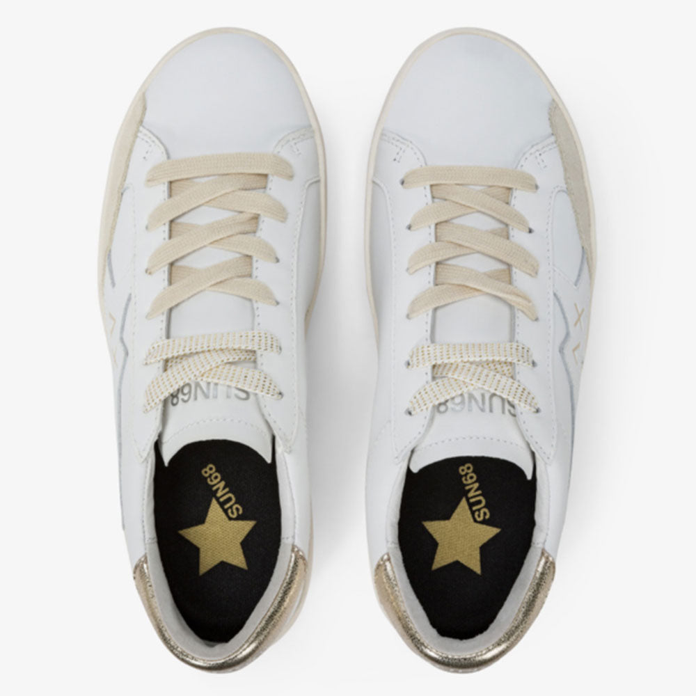 Sun68 Damen Katy Leder-Sneakers aus weißem und goldenem Leder – Z35225