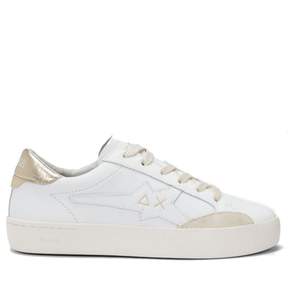 Sun68 Damen Katy Leder-Sneakers aus weißem und goldenem Leder – Z35225
