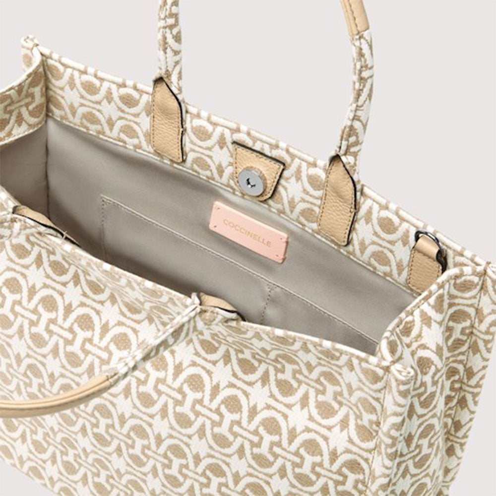 Borsa Donna a Mano COCCINELLE in Tessuto Jacquard e Pelle Linea Never Without Bag colore Toasted Misura Media