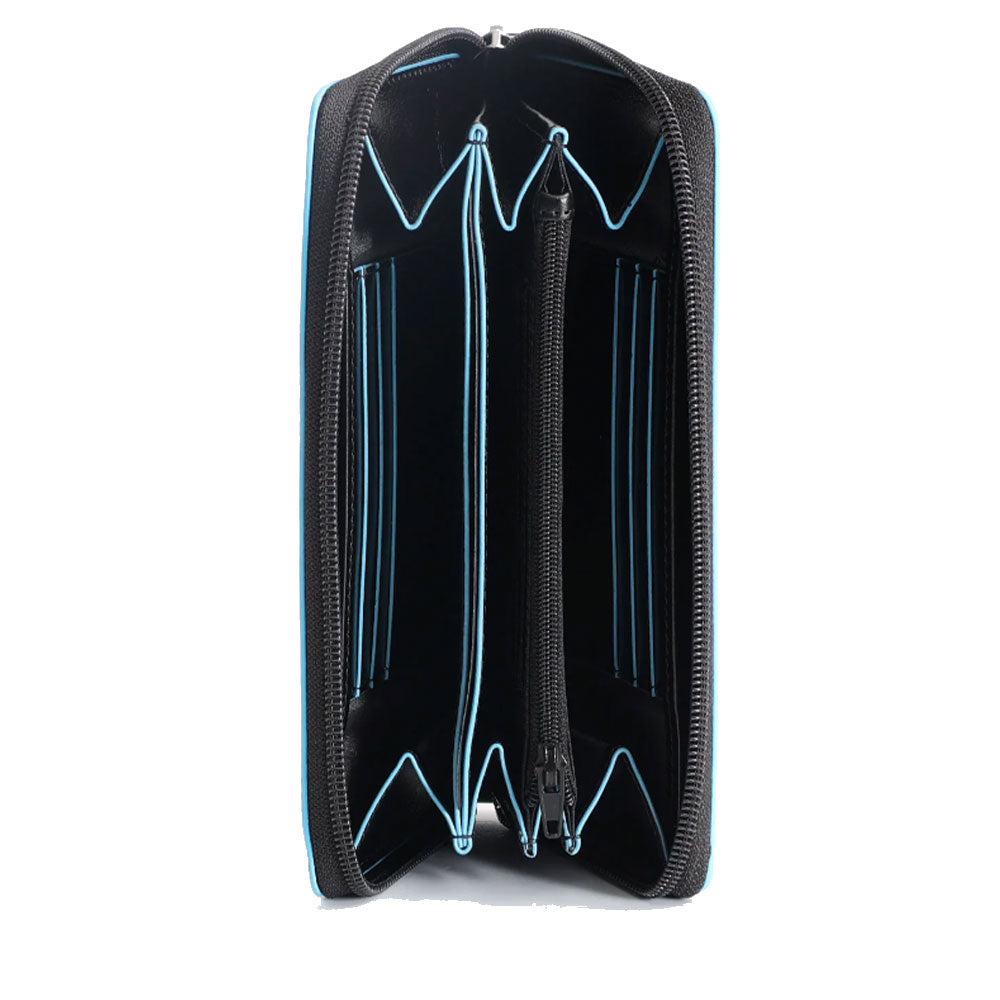 PIQUADRO Blue Square Linie
Damen Geldbörse mit Rundum-Reißverschluss aus schwarzem Leder, – PD3229B2R