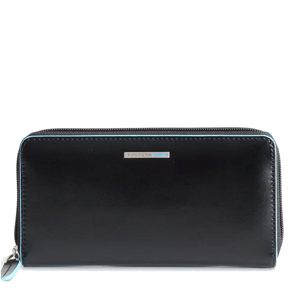 PIQUADRO Blue Square Linie
Damen Geldbörse mit Rundum-Reißverschluss aus schwarzem Leder,  – PD3229B2R