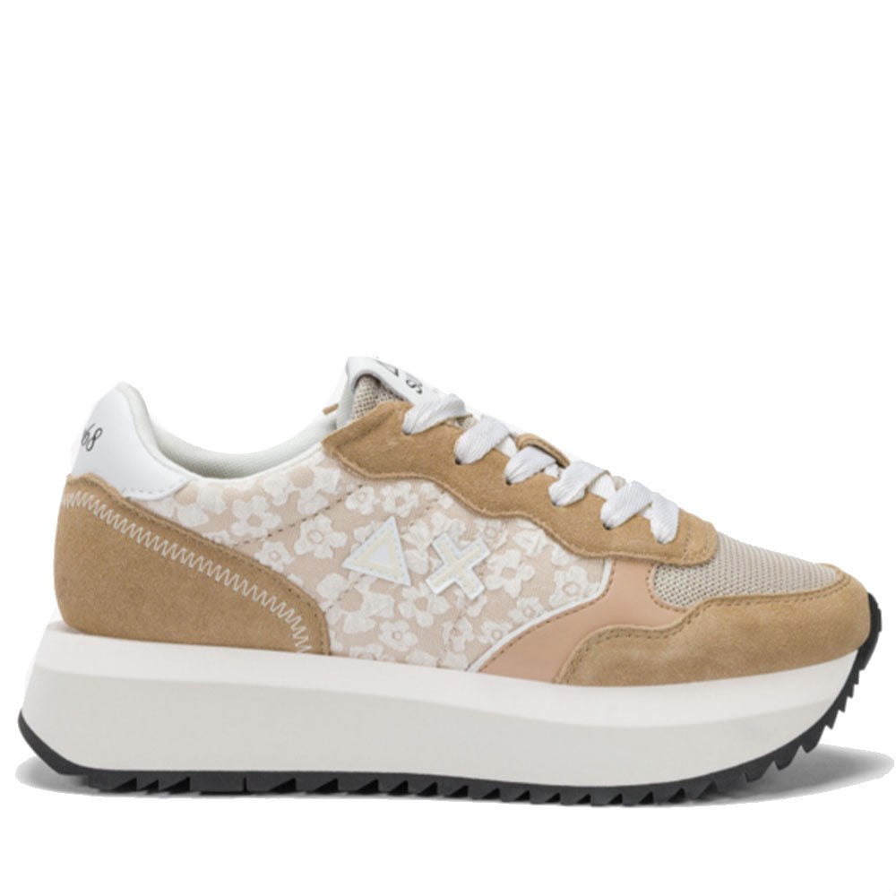 Damenschuhe Sun68 Big Ally Flower Sneakers aus beigefarbenem Wildleder und Nylon – Z35209
