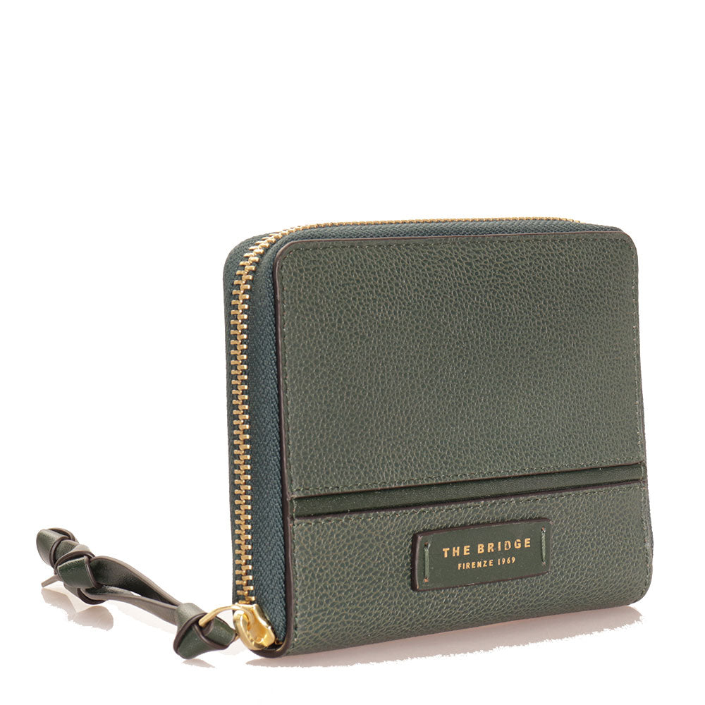 Kleine Damenbrieftasche mit Reißverschluss THE BRIDGE Domitilla-Linie aus grünem Leder
