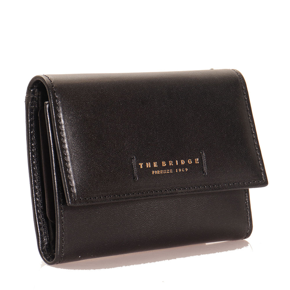 Portafoglio Donna Piccolo con Bottone THE BRIDGE in Pelle Nera linea Bianca