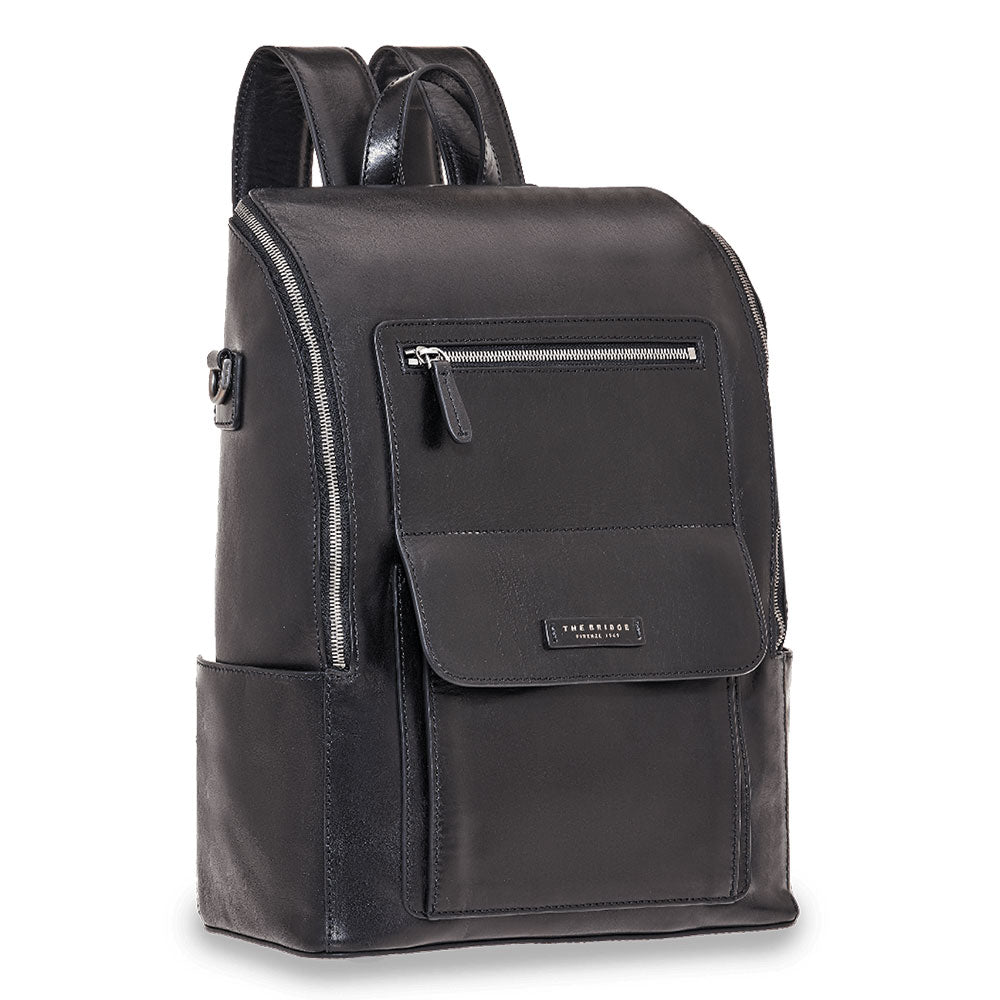 Großer Herrenrucksack THE BRIDGE Alberto-Linie aus schwarzem Leder