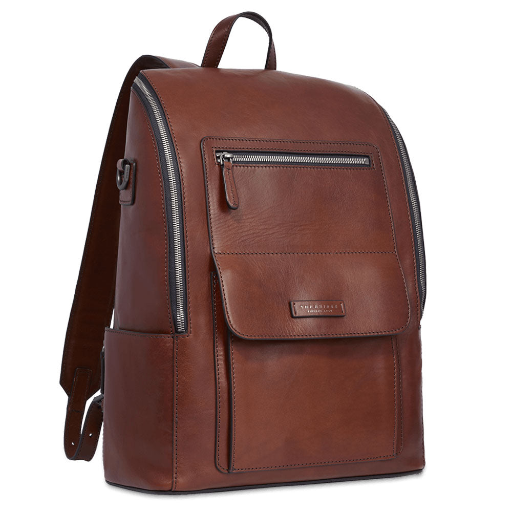Herrenrucksack mit Reißverschluss THE BRIDGE Alberto-Linie aus braunem Leder