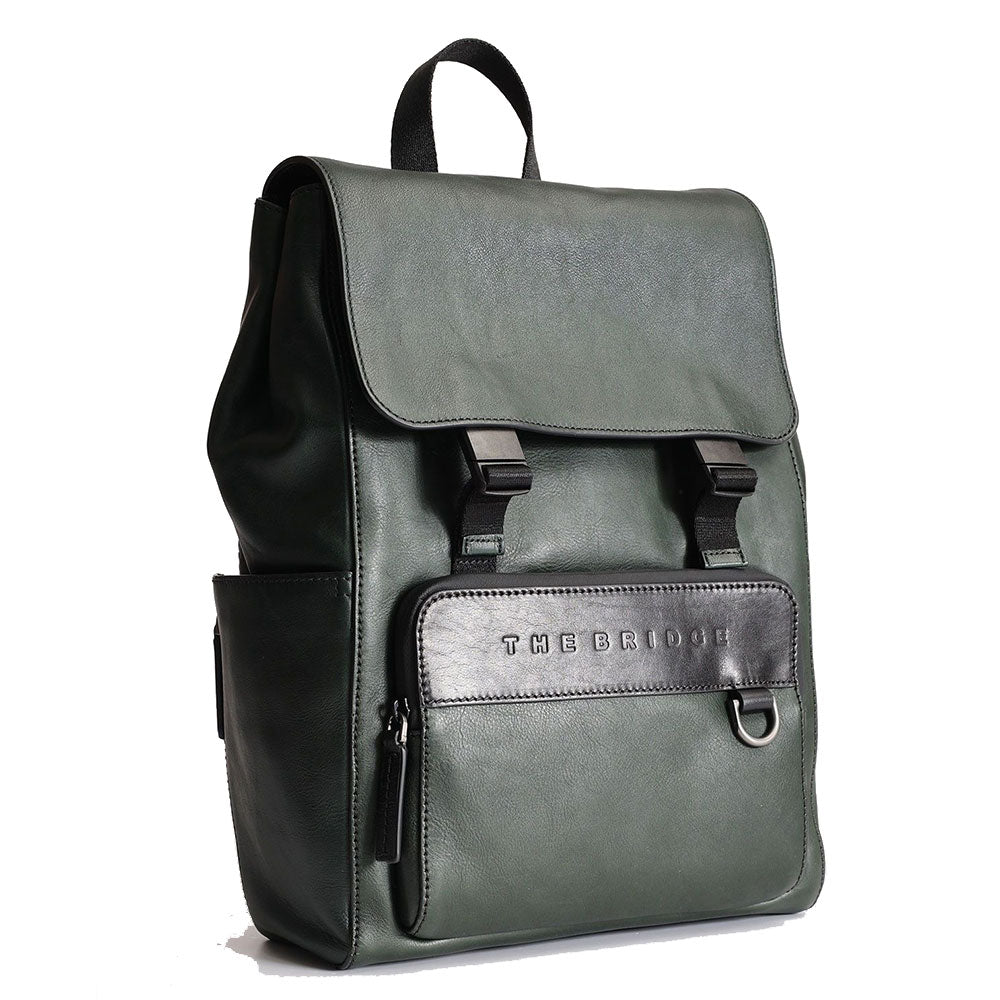 Herrenrucksack mit Klappe THE BRIDGE Damiano-Linie aus grünem Leder