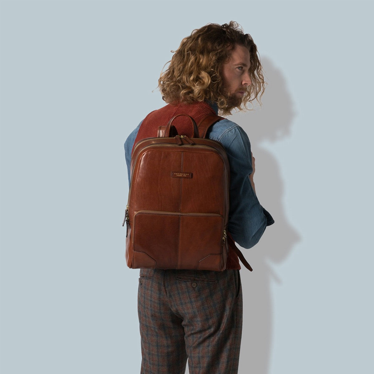 THE BRIDGE Herren-Rucksack mit zwei Fächern aus braunem Leder, Vespucci-Linie