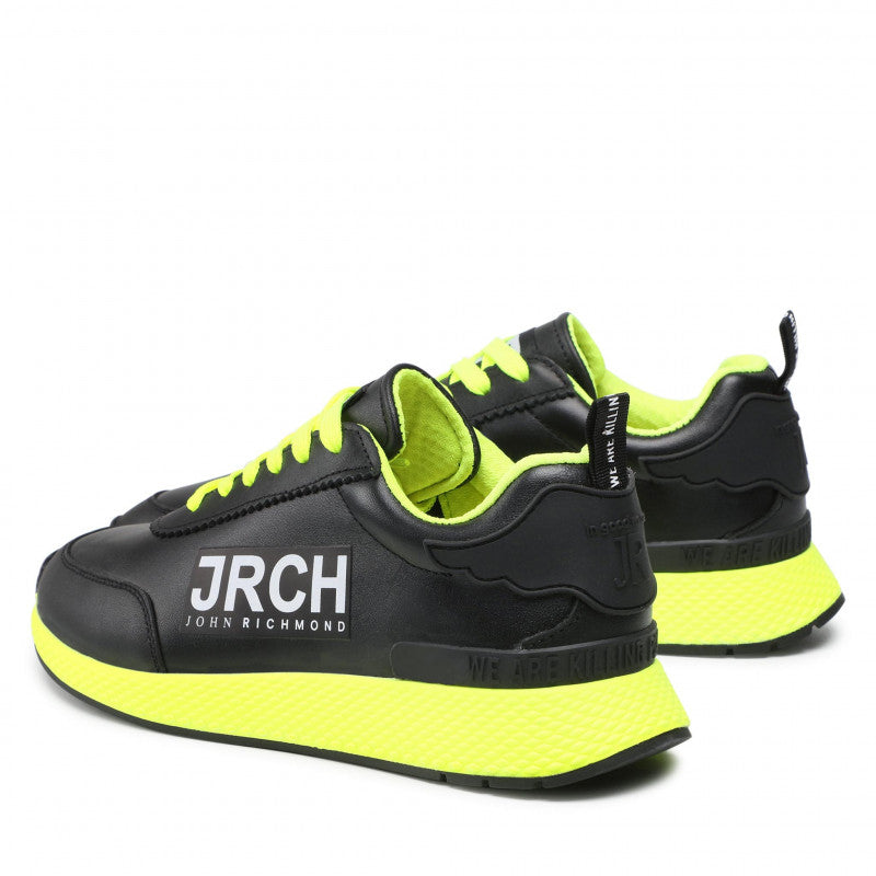 Scarpe Uomo JOHN RICHMOND Sneakers in Pelle Nera con Dettagli Giallo Fluo