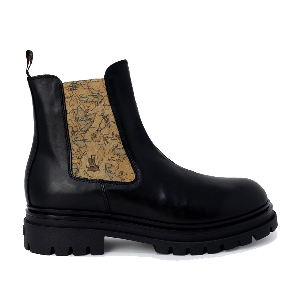 Scarpe Donna 1A Classe Alviero Martini Stivaletti Beatles in Pelle Nera con Inserti Geo Classic 1441