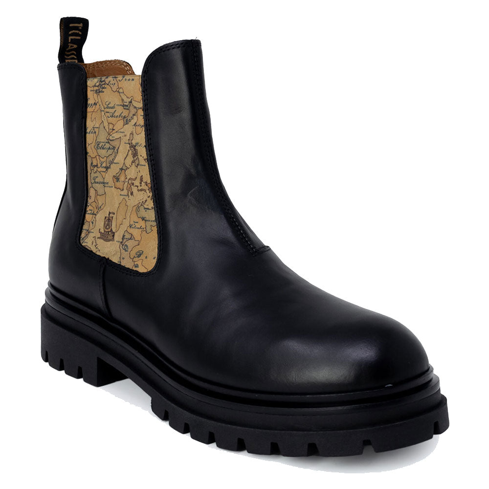 Scarpe Donna 1A Classe Alviero Martini Stivaletti Beatles in Pelle Nera con Inserti Geo Classic 1441