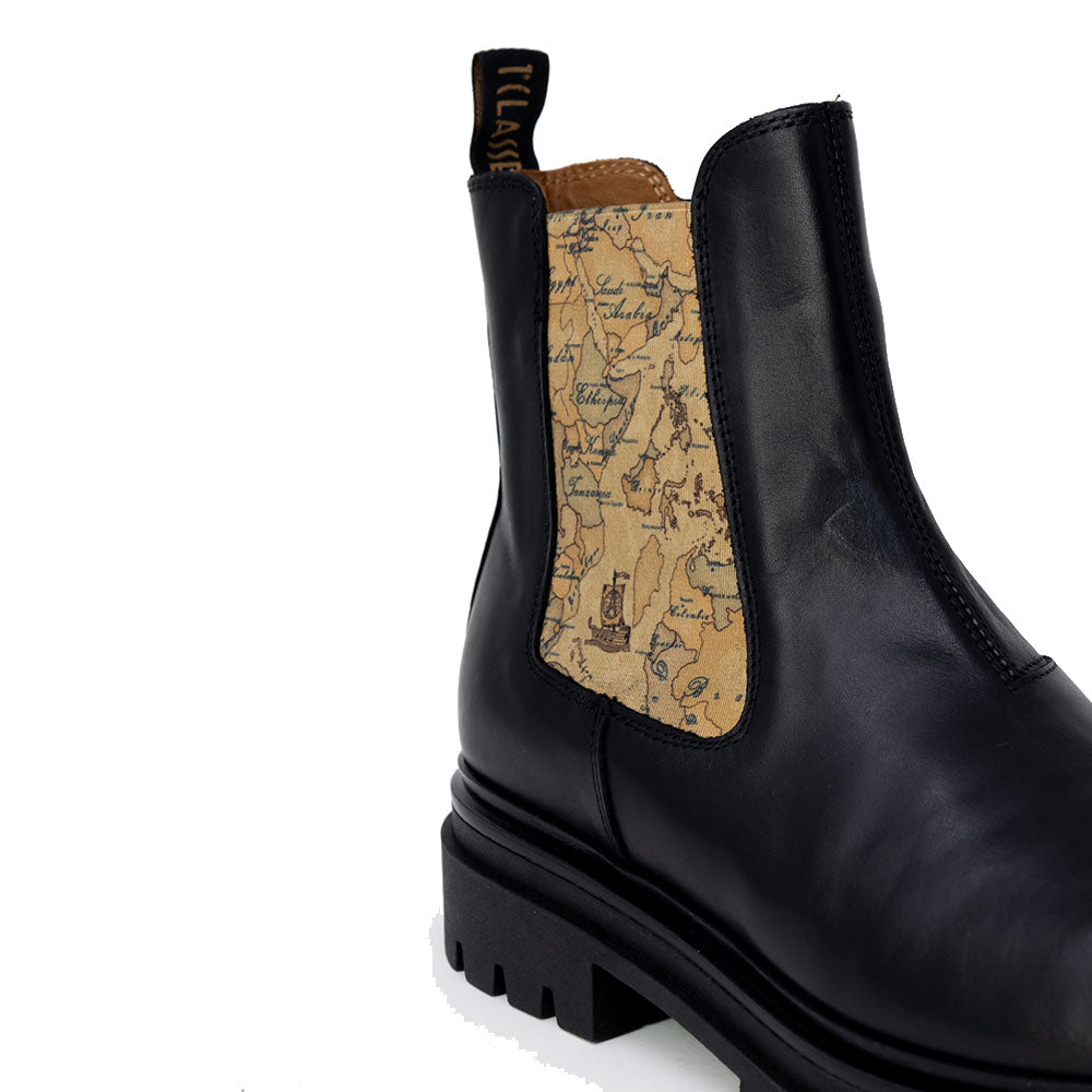 Scarpe Donna 1A Classe Alviero Martini Stivaletti Beatles in Pelle Nera con Inserti Geo Classic 1441