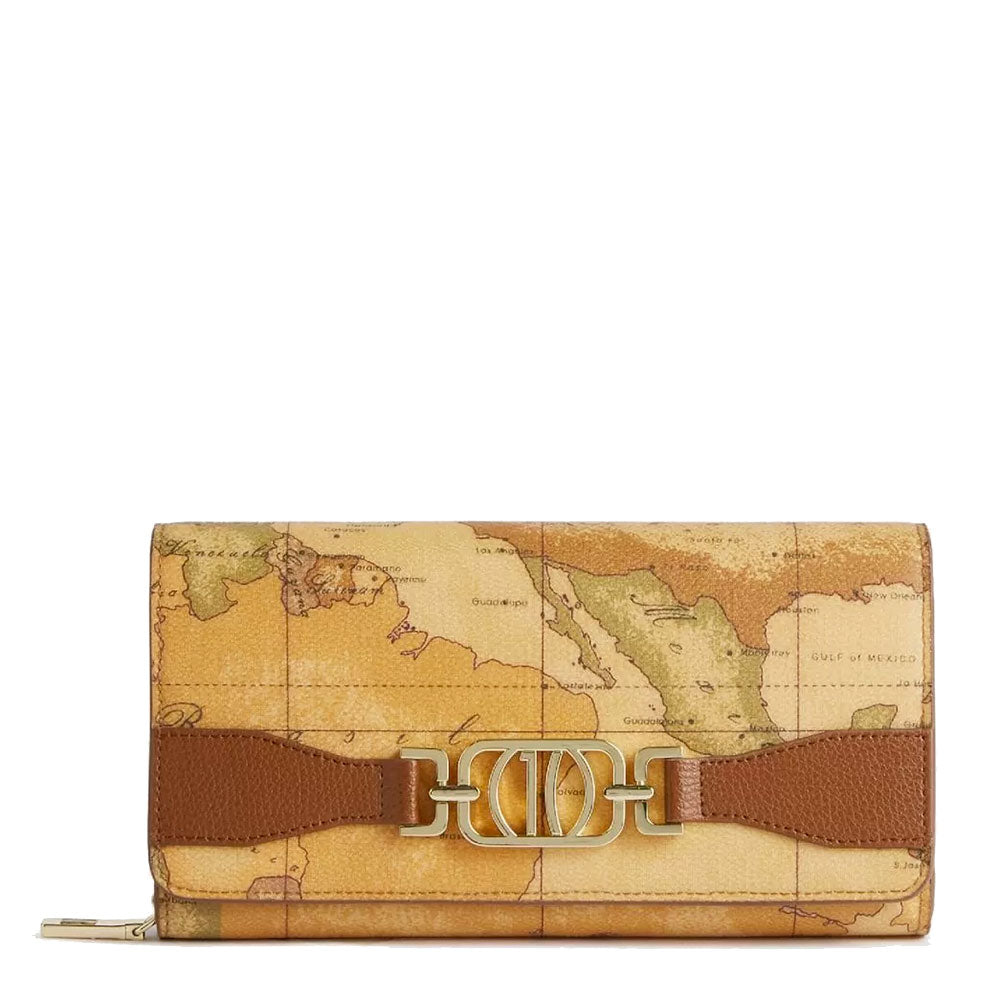 Portafoglio Donna con Bottone 1A Classe Alviero Martini linea Geo Destiny colore Geo Classic e Castagna PM23