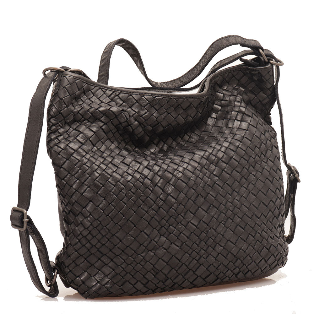 GIANNI CONTI Damen-Rucksacktasche aus schwarzem gewebtem Leder