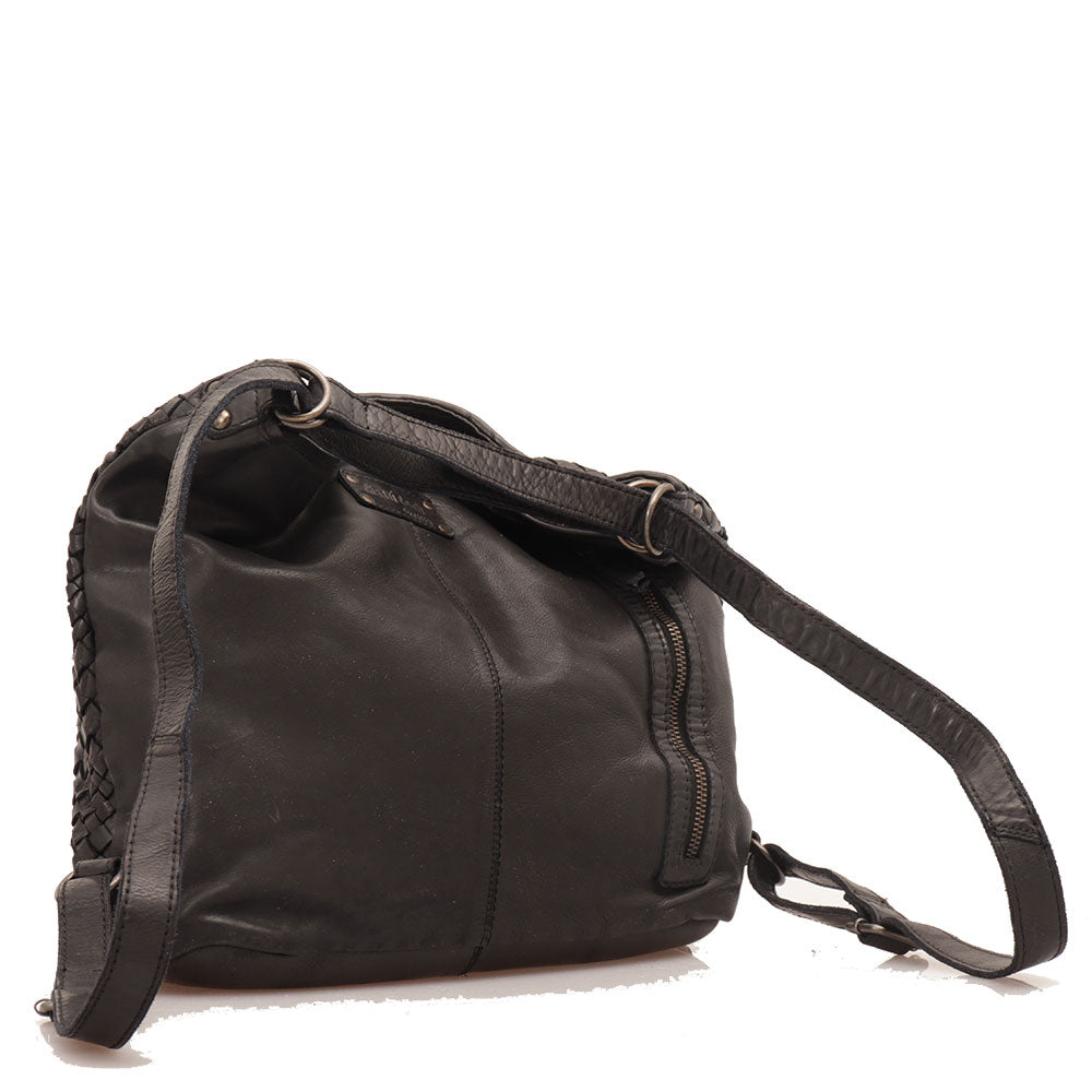 GIANNI CONTI Damen-Rucksacktasche aus schwarzem gewebtem Leder