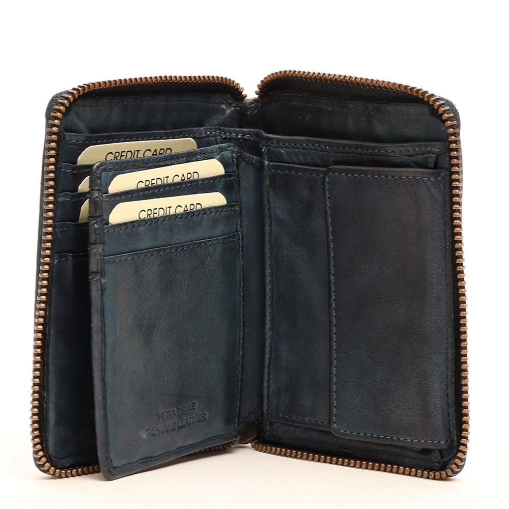 Kleine Damenbrieftasche mit umlaufendem Reißverschluss aus gewebtem, jeansfarbenem Leder von Gianni Conti