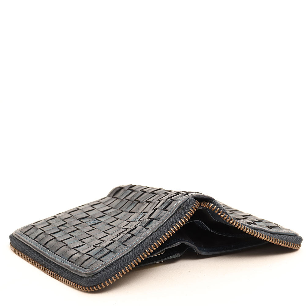 Kleine Damenbrieftasche mit umlaufendem Reißverschluss aus gewebtem, jeansfarbenem Leder von Gianni Conti