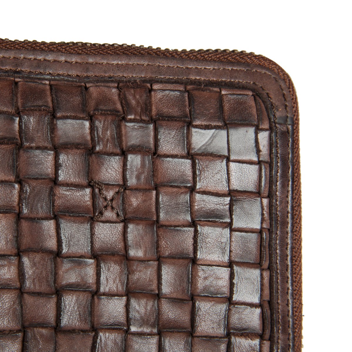 Portafoglio Donna Zip Around in Pelle Marrone Intrecciata Gianni Conti