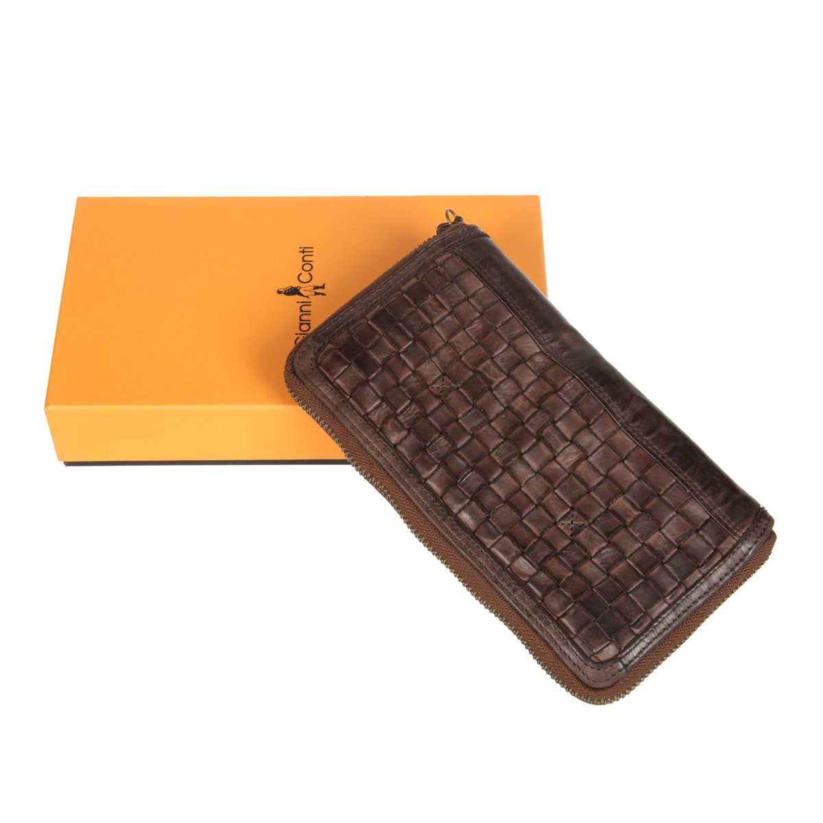 Portafoglio Donna Zip Around in Pelle Marrone Intrecciata Gianni Conti