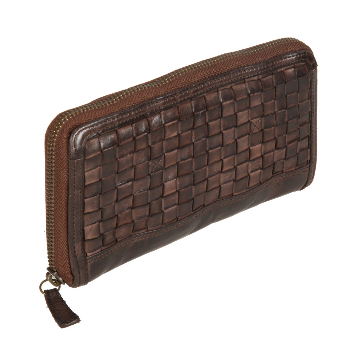 Portafoglio Donna Zip Around in Pelle Marrone Intrecciata Gianni Conti
