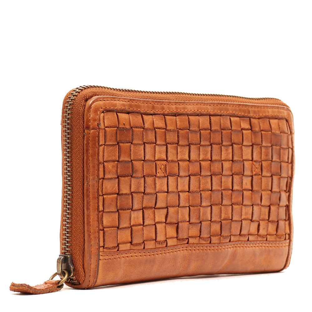 Portafoglio Donna Zip Around in Pelle Color Cognac Intrecciata Gianni Conti
