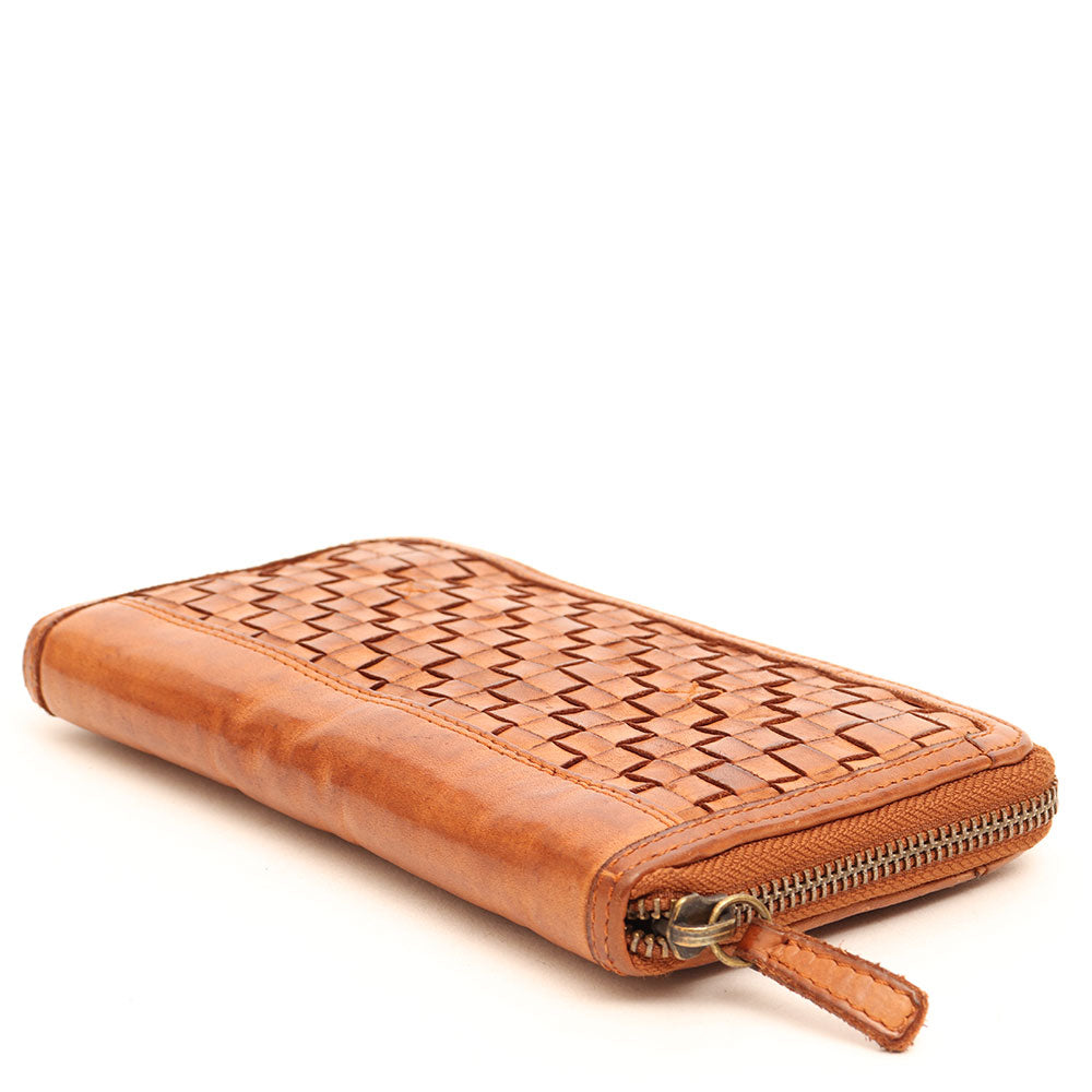 Portafoglio Donna Zip Around in Pelle Color Cognac Intrecciata Gianni Conti