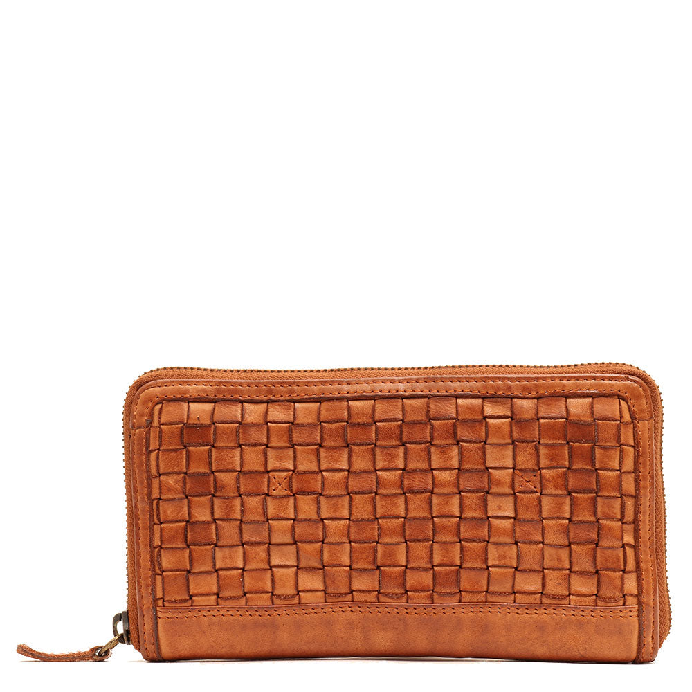 Portafoglio Donna Zip Around in Pelle Color Cognac Intrecciata Gianni Conti