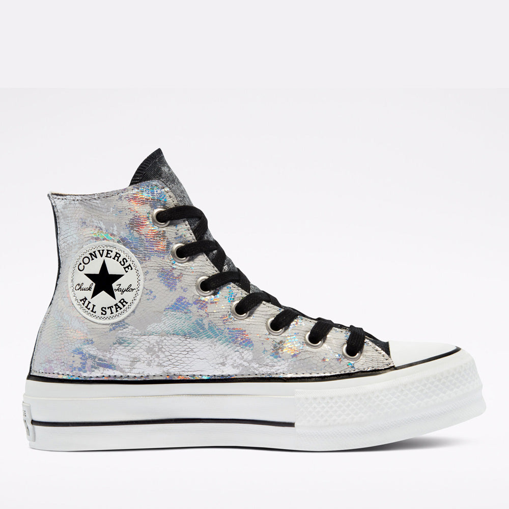 Scarpe Donna CONVERSE Sneakers linea Chuck Taylor All Star Lift LTD in Pelle Metallizzata Argento a sconto Cuoieriashop