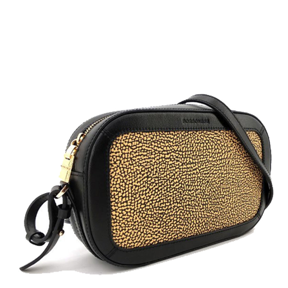 Borsa Donna a Tracolla BORBONESE in Tessuto Rigido e Pelle stampa Jet OP colore Naturale e Nero