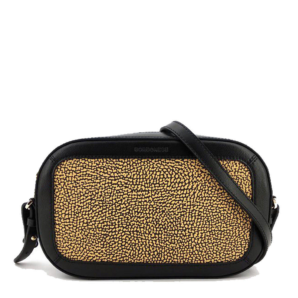 Borsa Donna a Tracolla BORBONESE in Tessuto Rigido e Pelle stampa Jet OP colore Naturale e Nero