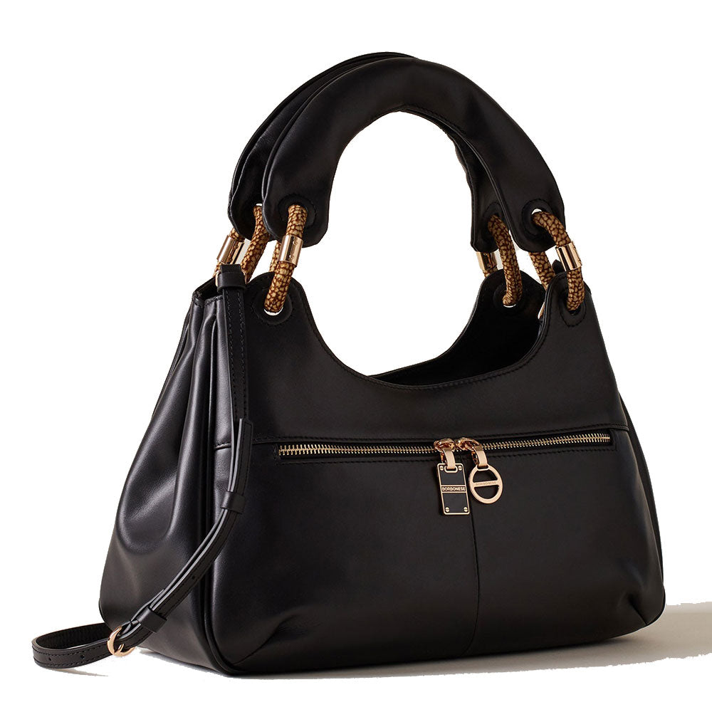 Borsa Donna Bauletto Large BORBONESE linea Infinite in Pelle di Vitello Nappato Nero