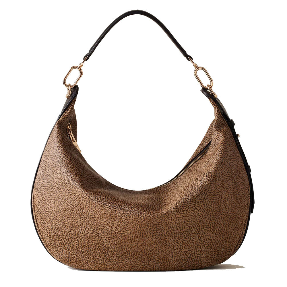 Borsa Donna Hobo BORBONESE linea Oyster Graffiti in Tela Rivestita e Pelle OP Naturale e Nero