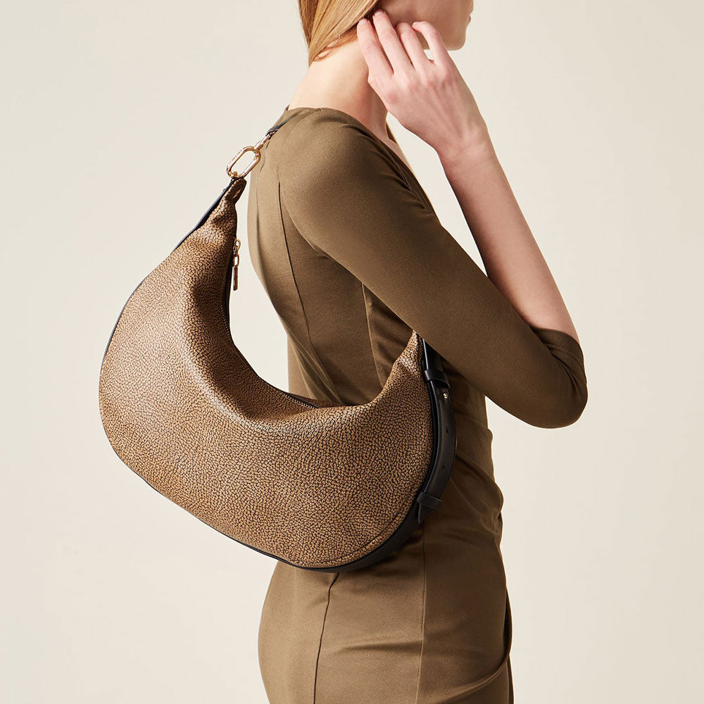 Borsa Donna Hobo BORBONESE linea Oyster Graffiti in Tela Rivestita e Pelle OP Naturale e Nero