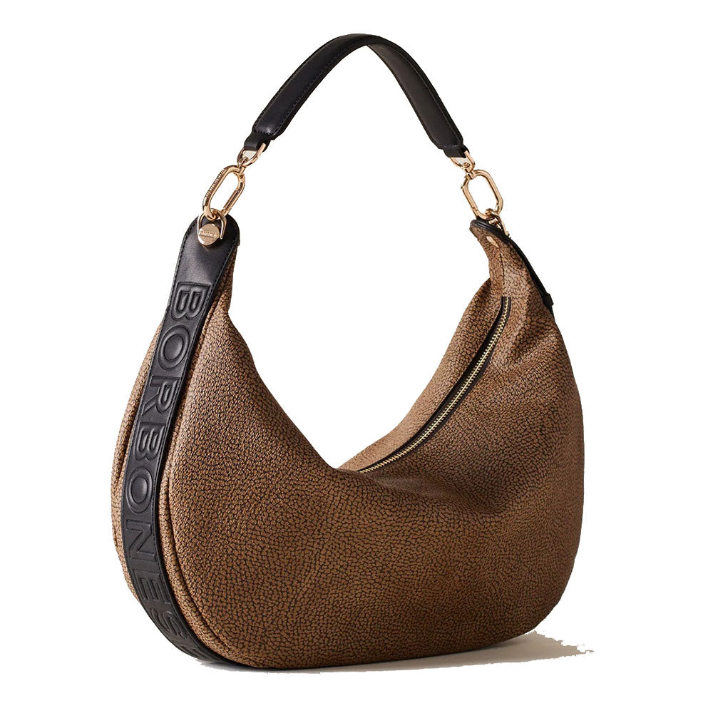 Borsa Donna Hobo BORBONESE linea Oyster Graffiti in Tela Rivestita e Pelle OP Naturale e Nero