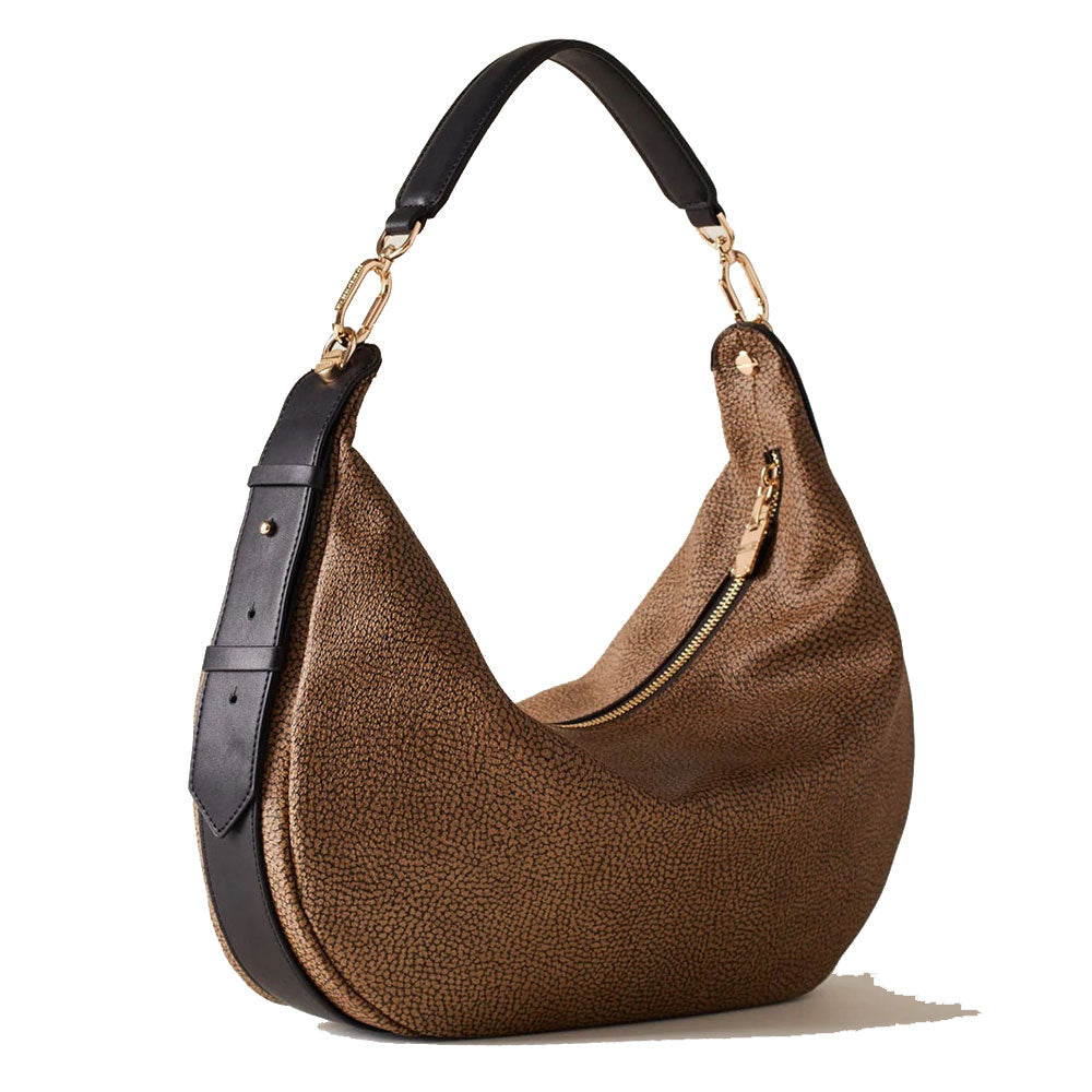 Borsa Donna Hobo BORBONESE linea Oyster Graffiti in Tela Rivestita e Pelle OP Naturale e Nero