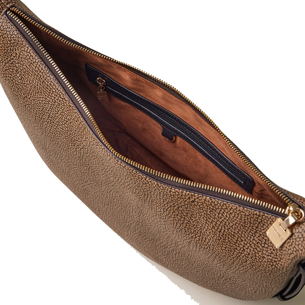 Borsa Donna Hobo BORBONESE linea Oyster Graffiti in Tela Rivestita e Pelle OP Naturale e Nero