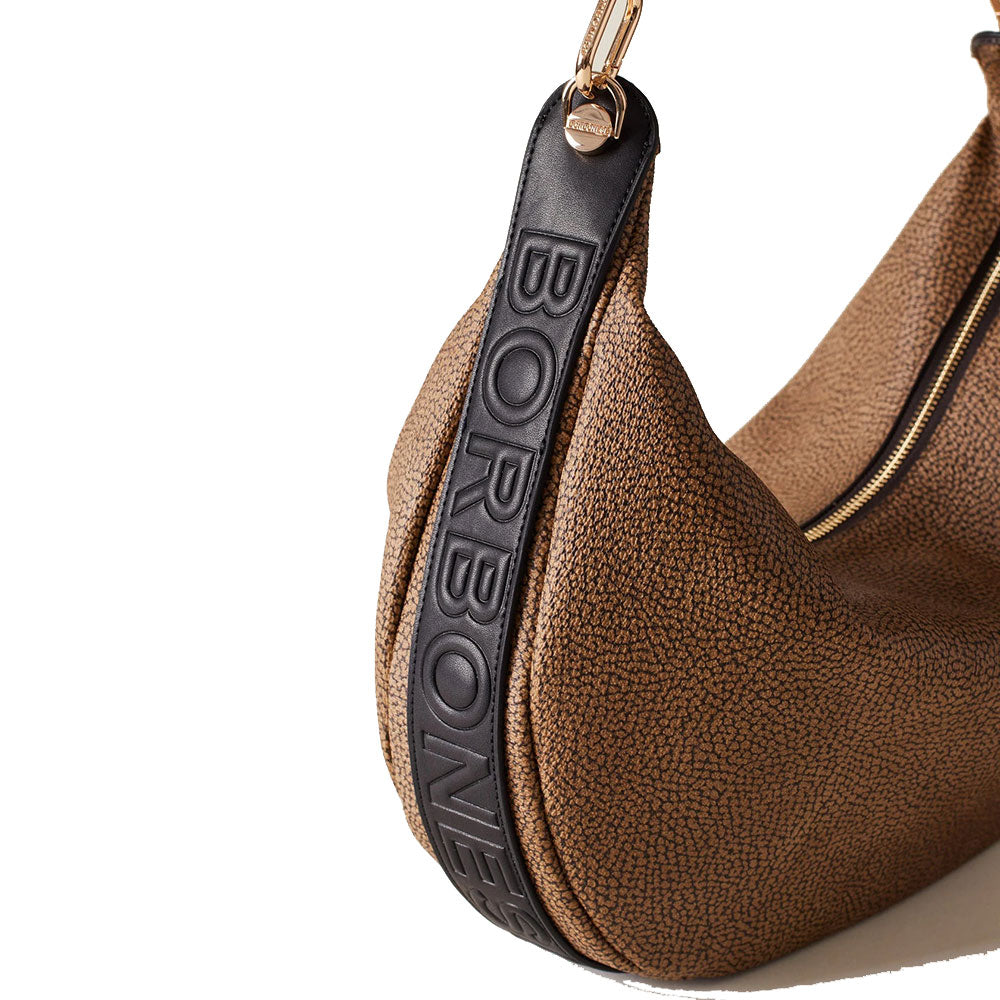Borsa Donna Hobo BORBONESE linea Oyster Graffiti in Tela Rivestita e Pelle OP Naturale e Nero