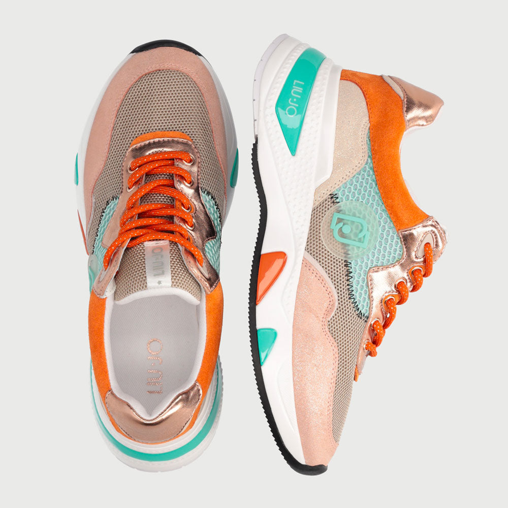 Scarpe Donna LIU JO Sneakers in Glossy Suede e Mesh Azzurro Arancione e Rosa