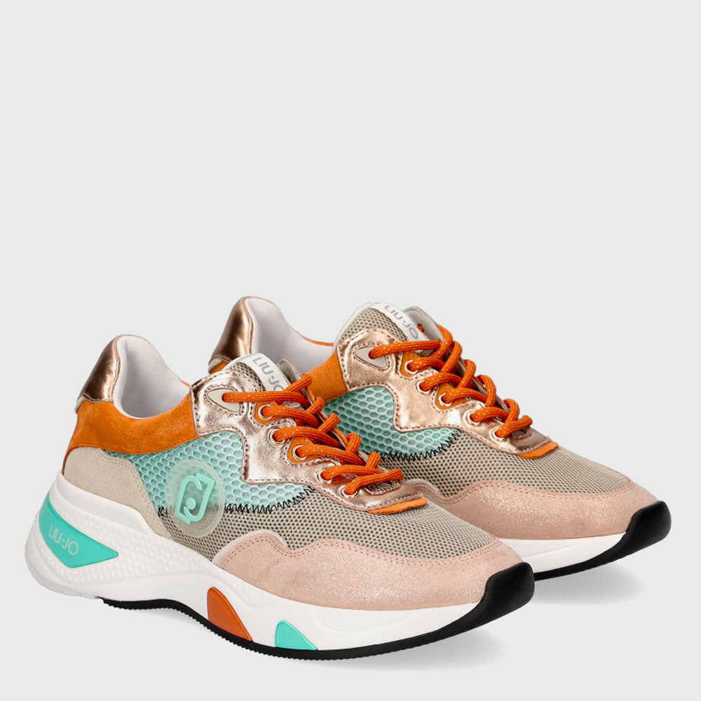 Scarpe Donna LIU JO Sneakers in Glossy Suede e Mesh Azzurro Arancione e Rosa
